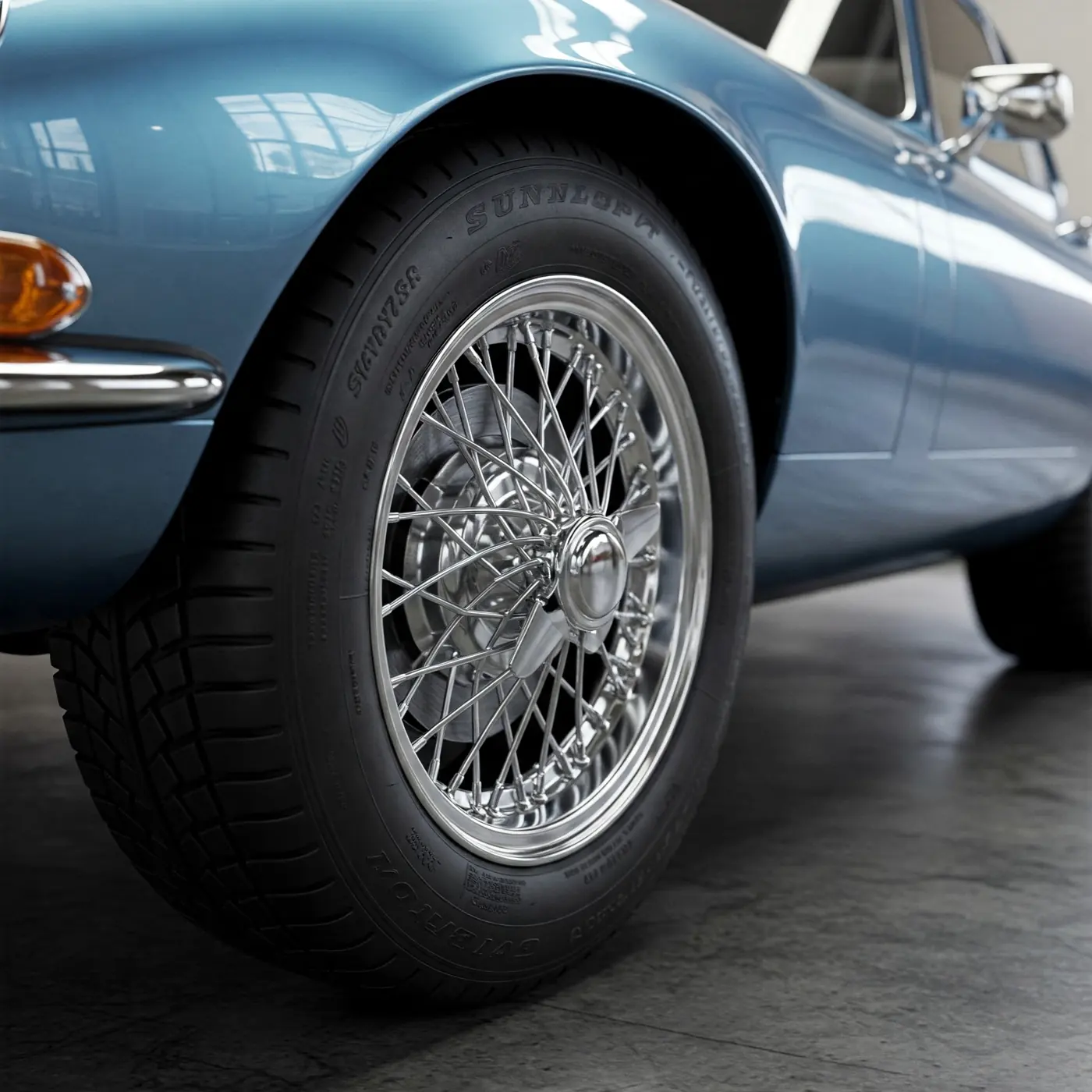 Speichenfelge eines blauen Oldtimers