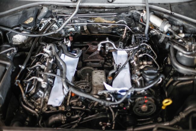 Ausgebauter Motorblock im Fahrzeugzentrum Wesemann während der Motorinstandsetzung